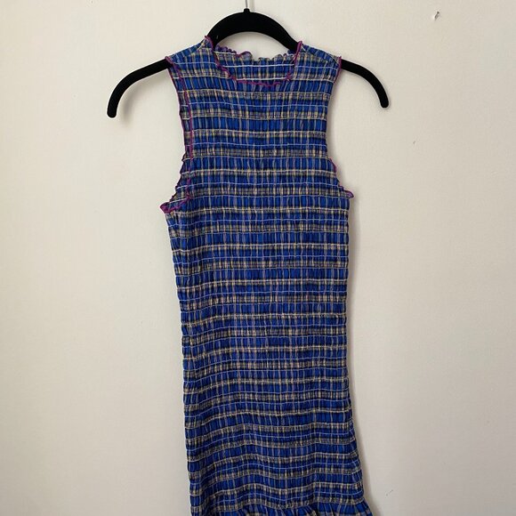NWT Blue Gingham Ruched Cotton Mini Dress - Apres Studio - Picture 1 of 5